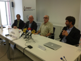 De izquierda a derecha, José Manuel Ricart, Francisco Zapater, Eudald Carbonell y Lluís Rovira, durante la rueda de prensa celebrada el martes 9 de junio en el IPHES.